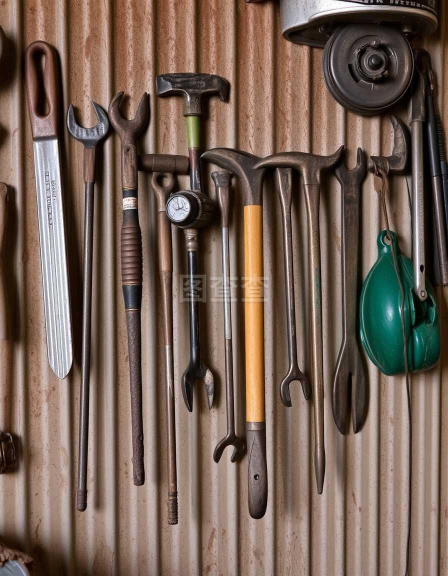 车间里挂在金属墙上的旧工具